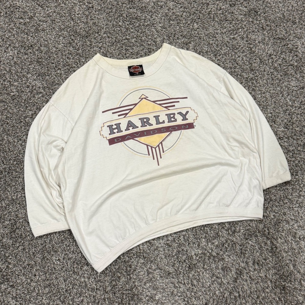 Vintage 1994 Harley Davidson Crop 3/4 Sleeve Graphic Tee Cream Mens L Stratman